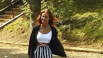 Young Redhead Woman Displays Her New Lingerie In An Outdoor Setting And Experiences A Satisfying Climax