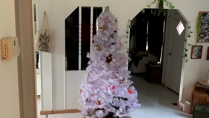 Couple amateur piégé sous l'arbre de Noël dans une vidéo POV avec des thèmes fétichistes