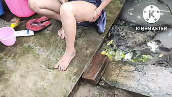 Outdoor Bathing With Asian Mature And Lactating Women