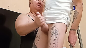 My Mother-In-Law Helps Me Fix The Chandelier And Then Gives Me A Close-Up Handjob And Cumshot